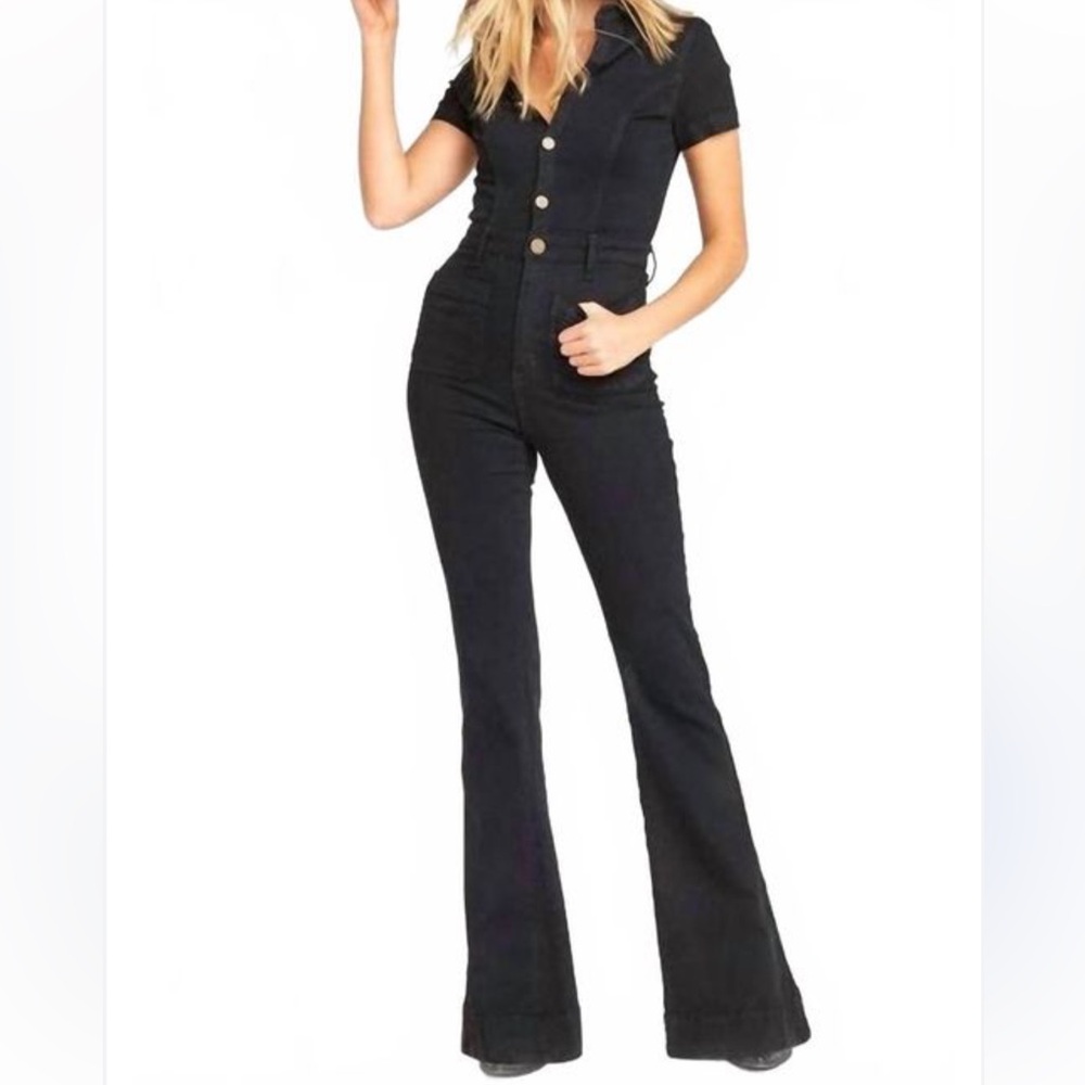 Wisteria Lane Black Denim western bell bottom jumpsuit size L